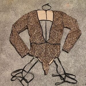 Lace Long Sleeve Bodysuit with Garter Straps
